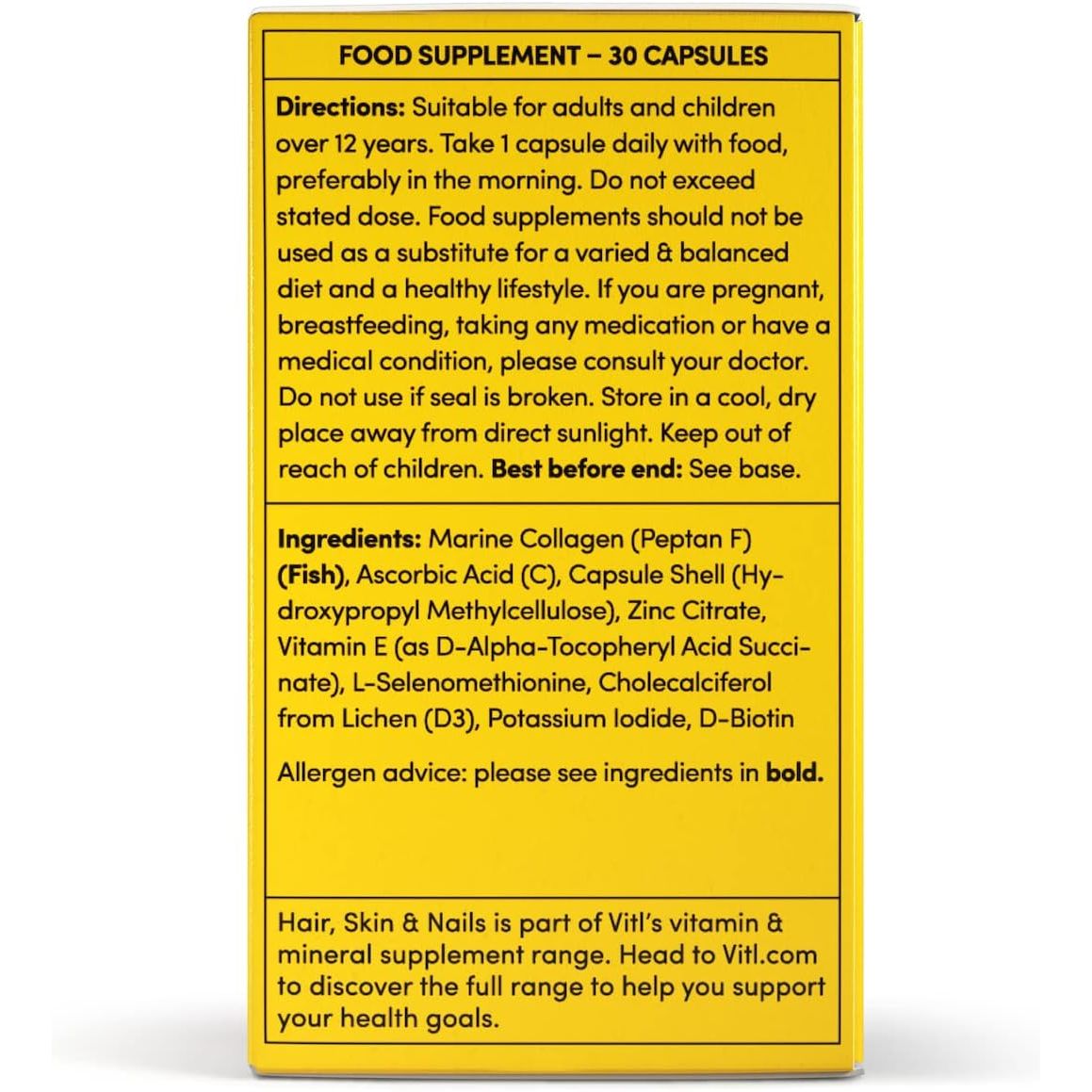 VITL Hair, Skin & Nails + Collagen, a Dose of Classic Complexion Heroes Such as Collagen, Vitamin E, Biotin and Zinc | 30 Capsules