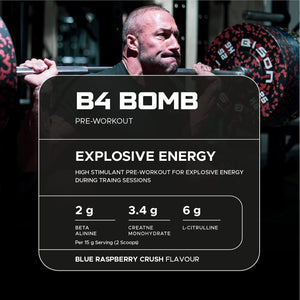 USN B4 Bomb Pre Workout Powder - 300G (20 Servings) Energy Drink Powder for Explosive Energy & Performance, 200Mg Caffeine, 6000Mg Citrulline, Creatine & 2000Mg Beta Alanine - Blue Raspberry Flavour