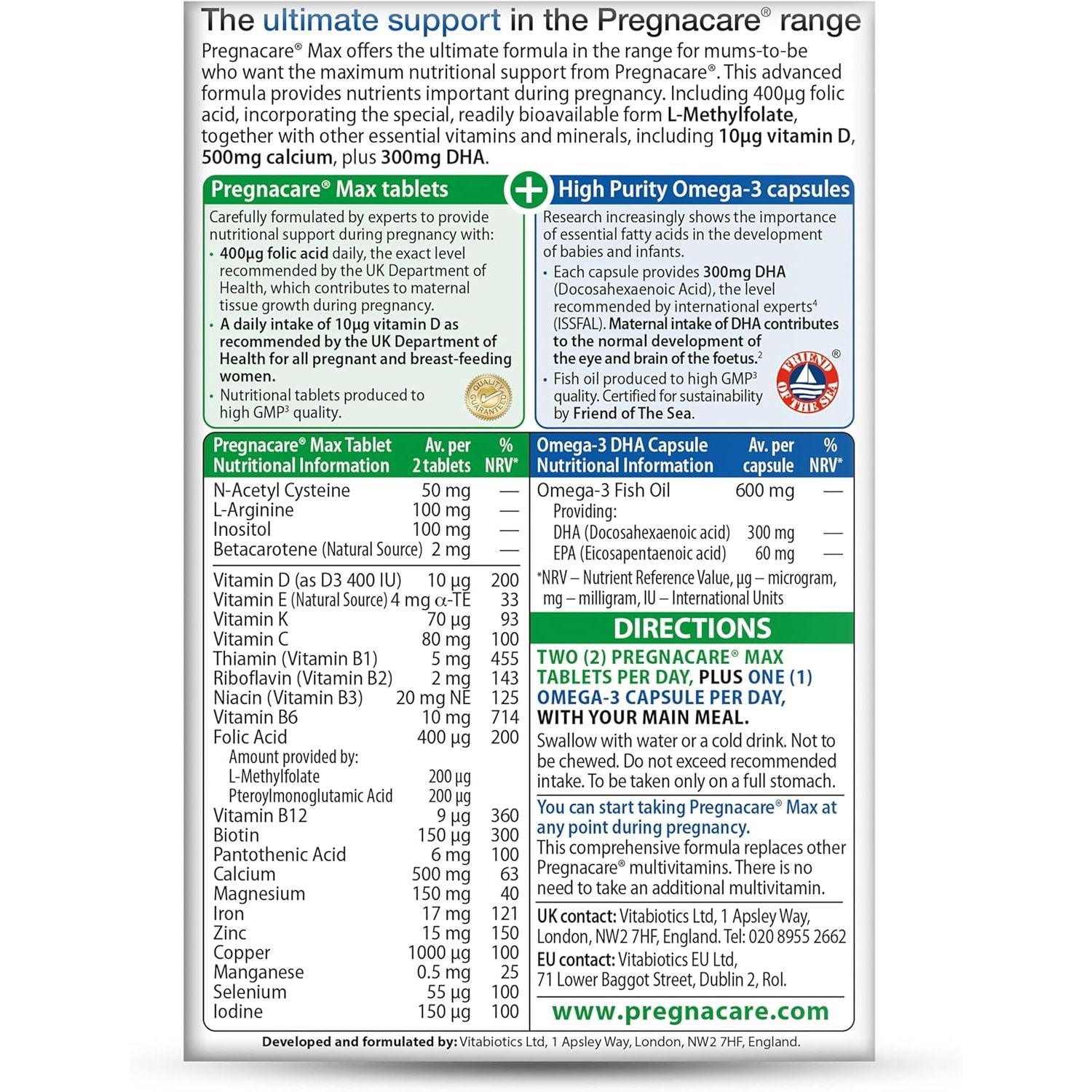 Pregnacare MAX Pregnancy Vitamins - Uk'S No.1 Pregnancy Brand. Greater Prenatal Care for Women, Supplement with Added Omega-3 DHA for Normal Brain and Eye Development, Vitabiotics