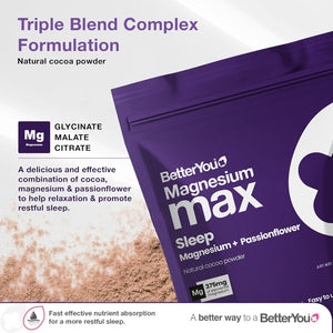 Betteryou Magnesium Glycinate, Citrate and Malate Sleep Powder Supplement, 1941Mg 3-In-1 Complex Magnesium Delivering Optimally Bioavailable 375Mg Elemental 200Mg Passionflower, Hot Chocolate Powder