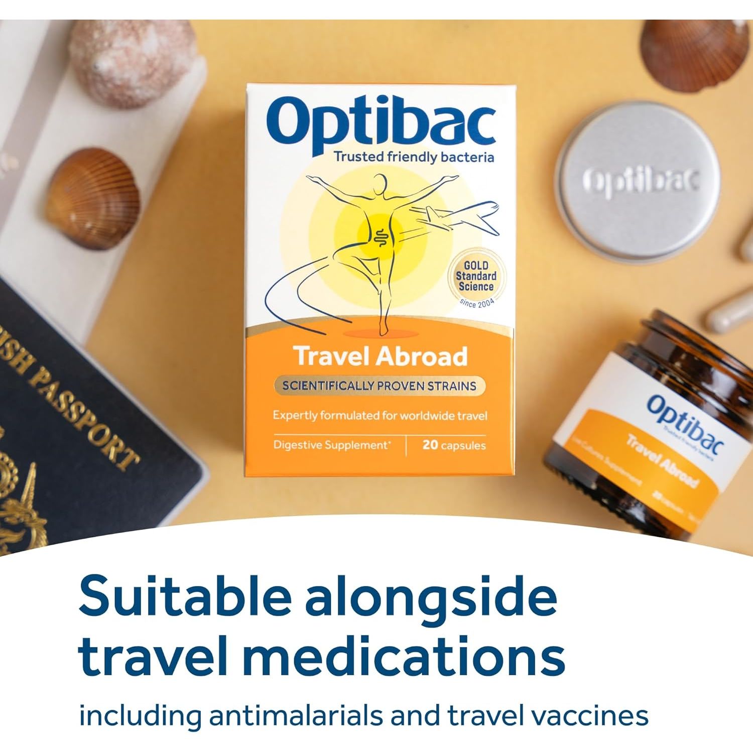 Optibac Probiotics Travel Abroad - Highly Researched Vegan Digestive Probiotic Supplement - Expertly Formulated for Travel & a Range of Climate Conditions - with Saccharomyces Boulardii - 20 Capsules