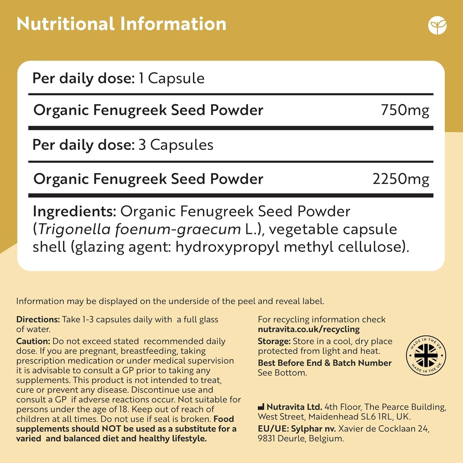 Organic Fenugreek Capsules - up to 8 Months of Supply and 2250Mg, 240 Capsules 100% Pure Fenugreek Powder - Soil Association Certified, Vegan Supplement, Made in the UK by Nutravita