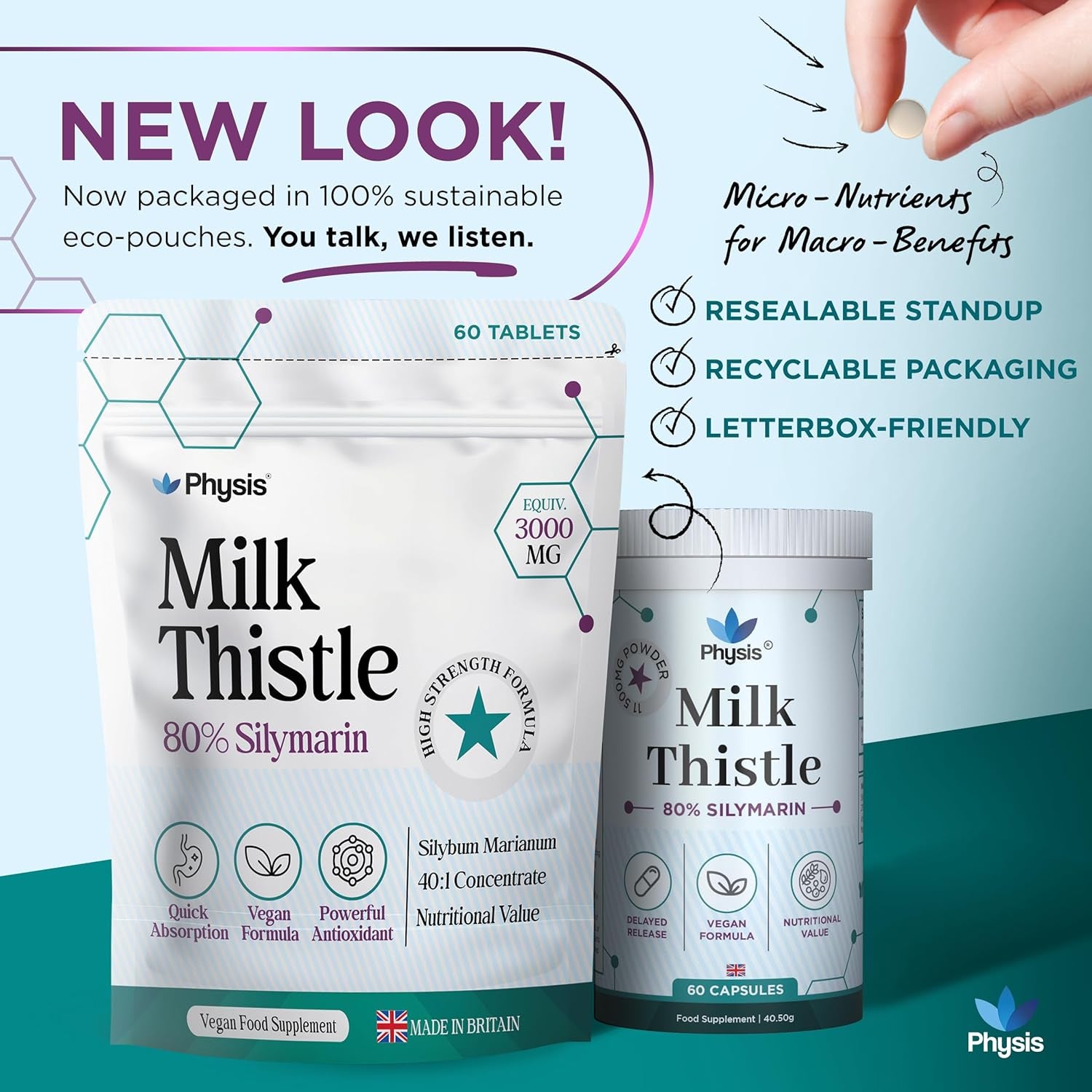 Physis Milk Thistle High Strength | 80% Silymarin | Liver Support Supplements | Milk Thistle Seeds | Vegan Food Supplement | 60 X Tablets | Made in Britain