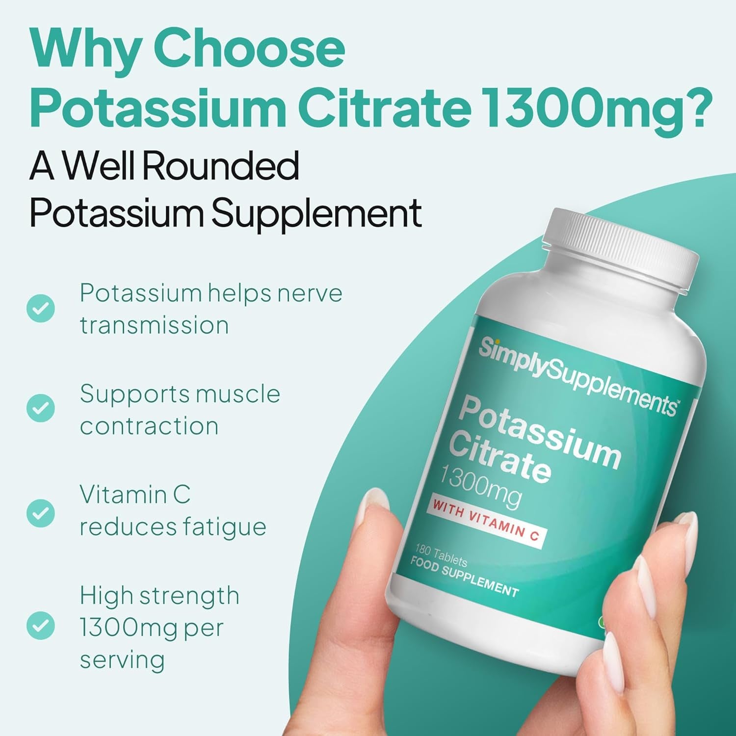 Potassium Citrate Tablets 1300Mg | with Added Vitamin C | 180 Tablets = 3 Month Supply | Vegan-Friendly Formula | Made in the UK