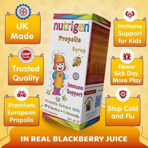 Nutrigen Propolis Syrup for Kids – Advanced Immune Support with Propolis, Vitamins, and Minerals in Blackberry Juice – Helps Prevent & Relieve Recurrent Infections, Shortens Illness Duration, 200 Ml