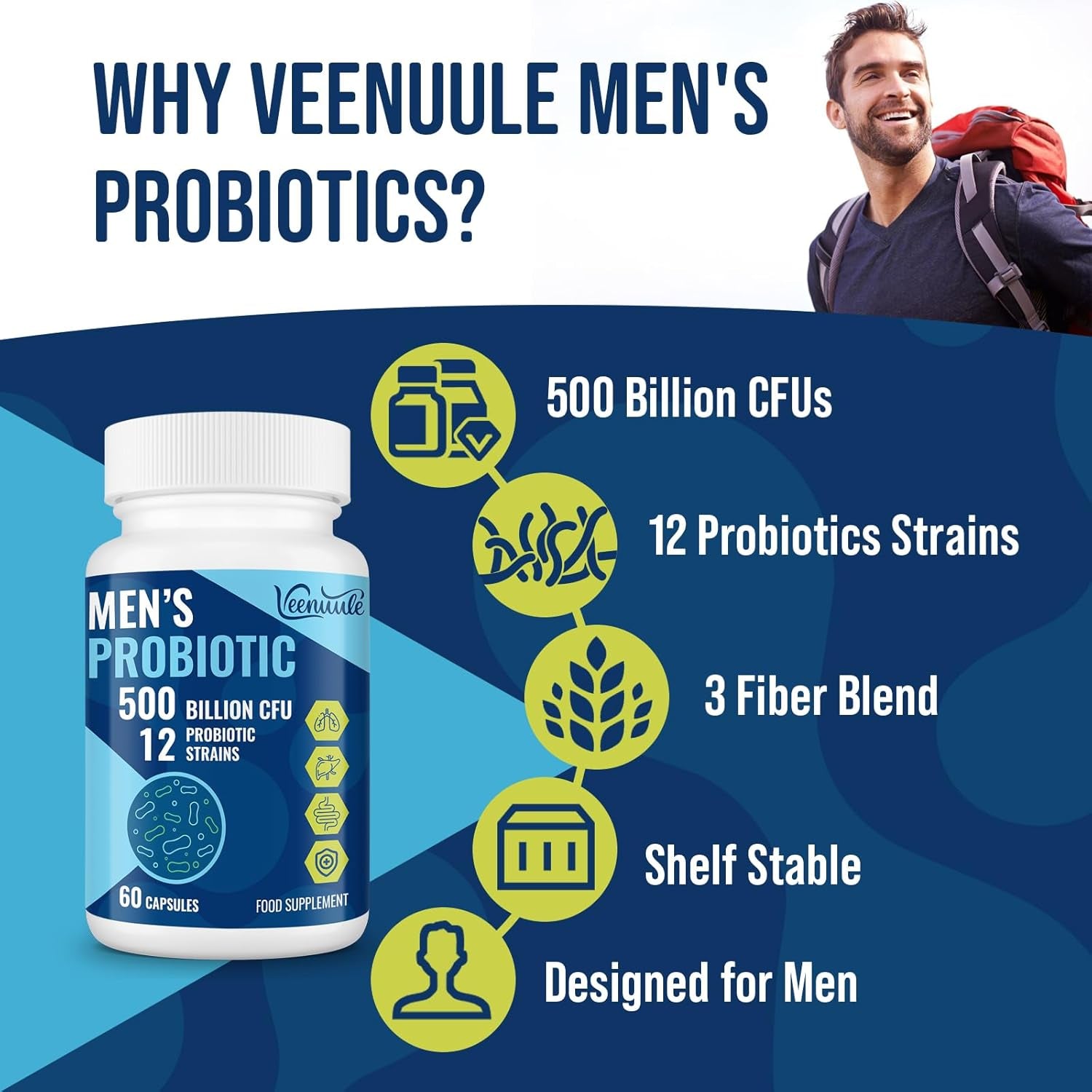 500 Billion CFU Probiotics for Men, 12 Diverse Strains Probiotics for Gut Health with Cranberry, Turmeric, Goji, for Digestive & Immune Health, Shelf Stable (60 Count (Pack of 1))