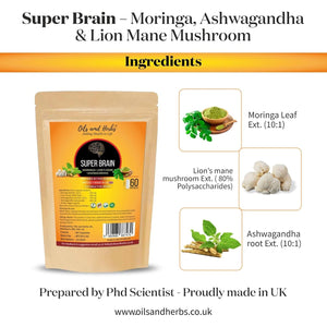 Super Brain- Moringa with Ashwagandha Lion Mane Mushroom 8600Mg- 100% Natural- No Added Fillers or Binders- Boost Your Brainpower and Enhance Mental Clarity