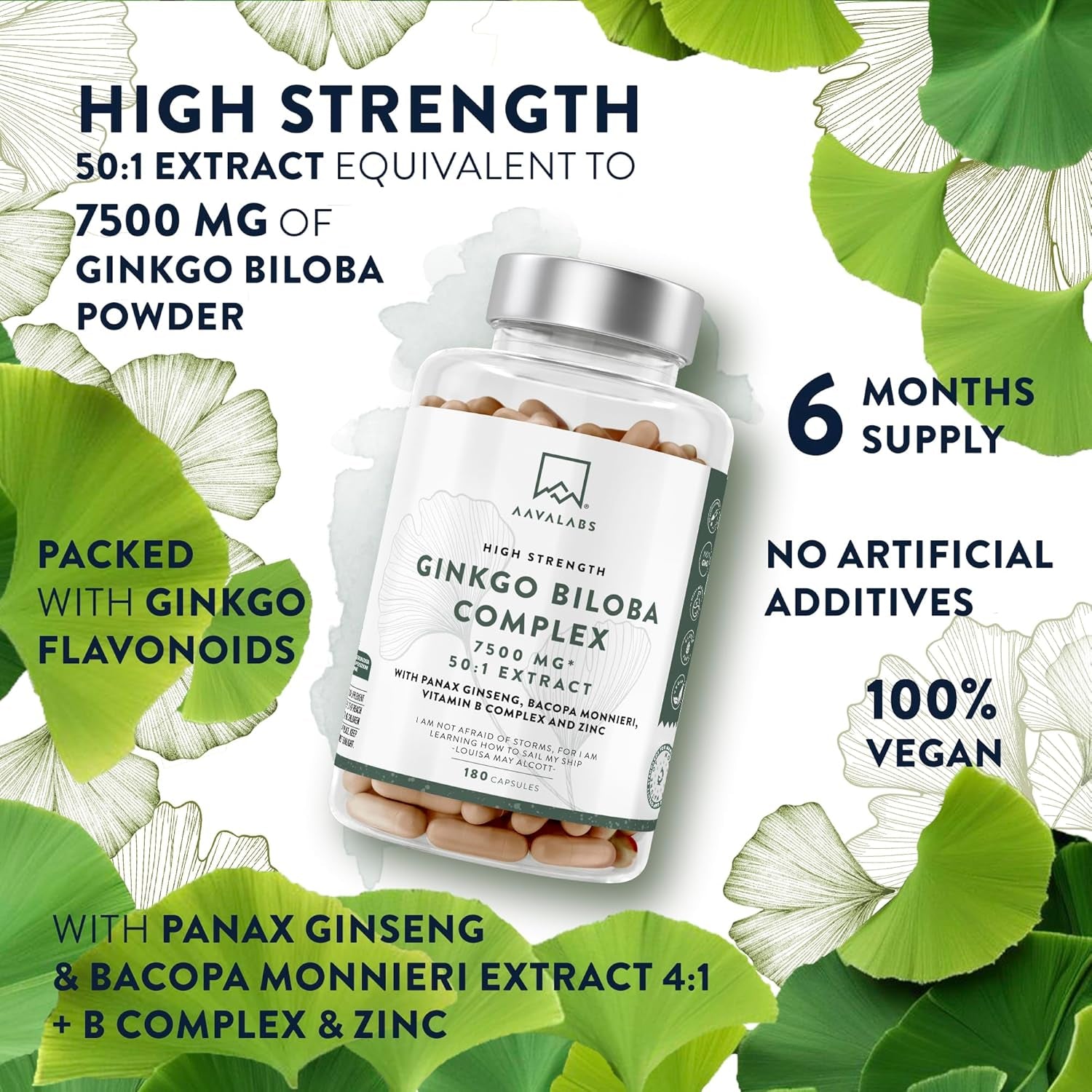 Ginkgo Biloba High Strength -7500Mg (50:1 Extract) + Bacopa Monnieri, Ginseng and Ginkgo Biloba Herbal Supplements + VIT B6, B1, B2, & Zinc -180 Nootropic Ginkgo Biloba Capsules - Packed W/Flavonoids