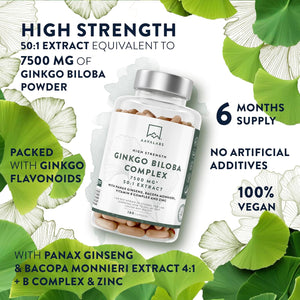 Ginkgo Biloba High Strength -7500Mg (50:1 Extract) + Bacopa Monnieri, Ginseng and Ginkgo Biloba Herbal Supplements + VIT B6, B1, B2, & Zinc -180 Nootropic Ginkgo Biloba Capsules - Packed W/Flavonoids