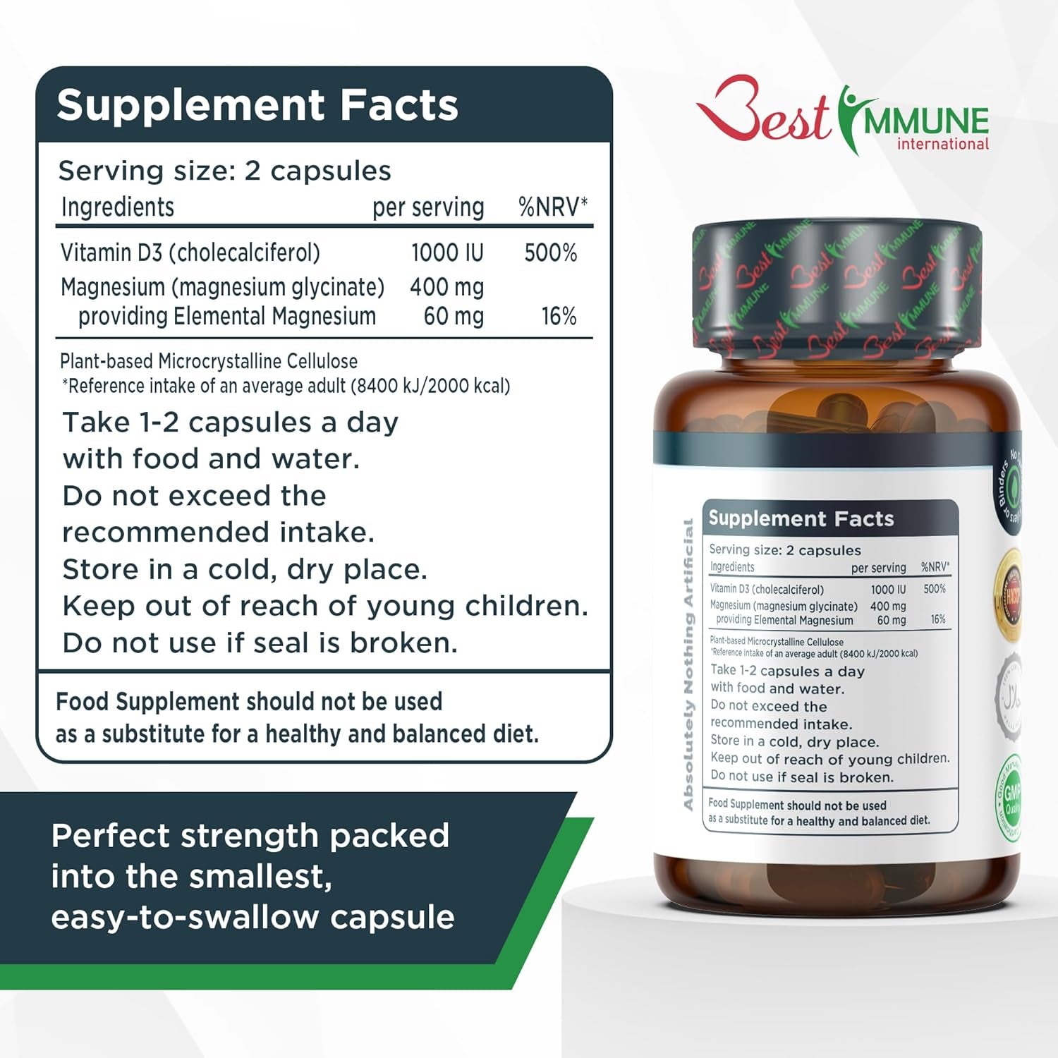 Best Immune, Magnesium Glycinate 400Mg D3 1000IU Essential Cofactors Complex Premium Quality 100 Vegetarian Capsules Highest Bioavailability