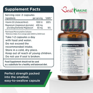 Best Immune, Magnesium Glycinate 400Mg D3 1000IU Essential Cofactors Complex Premium Quality 100 Vegetarian Capsules Highest Bioavailability