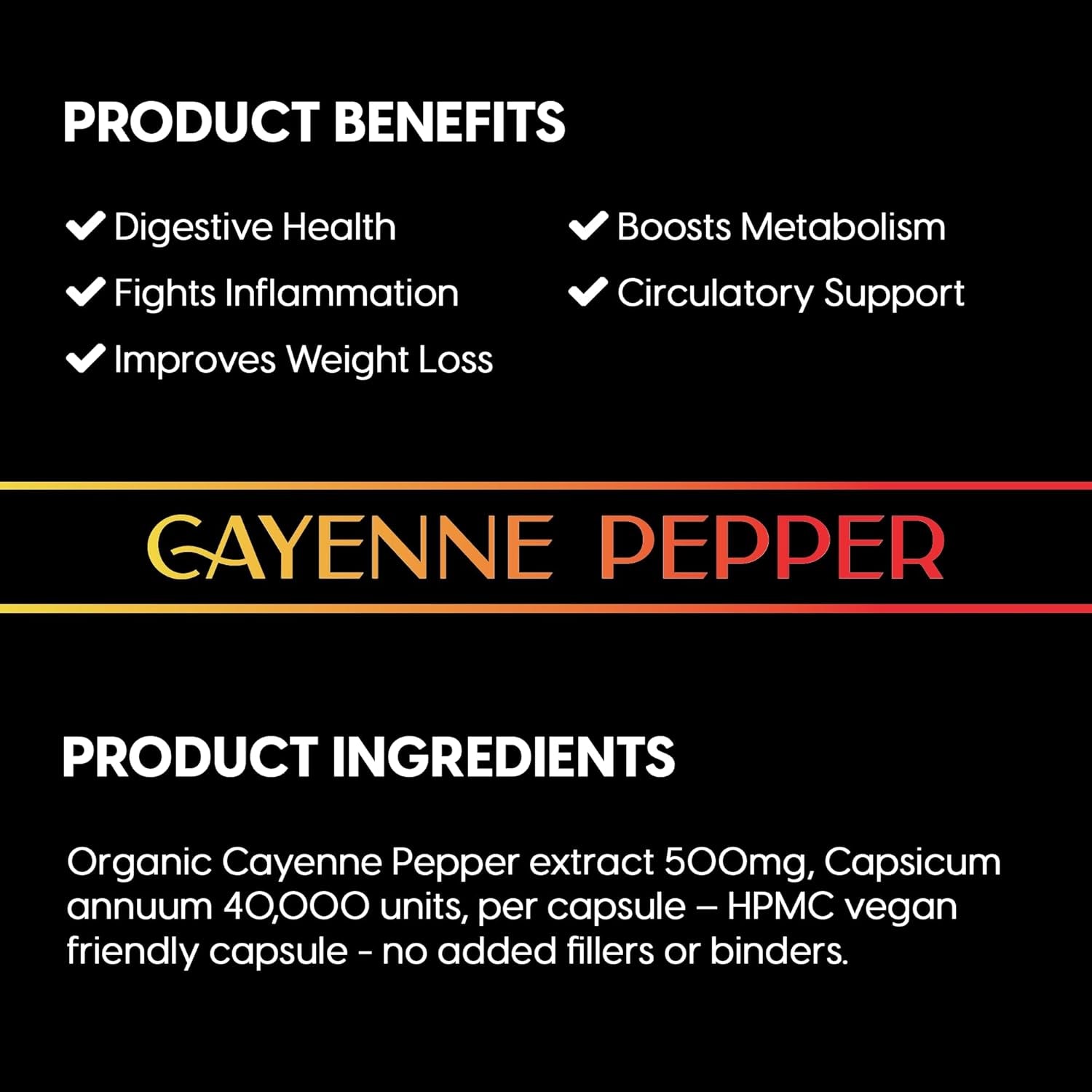 Cayenne Pepper | 30 Day Supply | Pure & Organic | 60 HPMC Vegan Friendly Capsules | Organic Cayenne Pepper | 500MG Capsules | Digestive, Circulatory, Inflammation, Digestion | Made in the UK