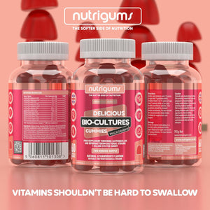 Bio-Cultures Microbiome Complex Gummy | 12 Multi-Strain Probiotics 1 Billion CFU | Acidophilus & Bifidobacterium | Strawberry Flavour | 60 Vegan Gummies | Support Wellbeing & Gut Heath by NUTRIGUMS®