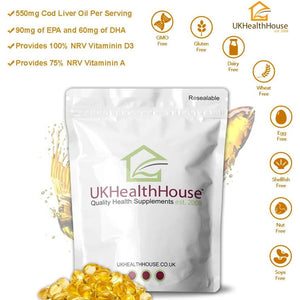 Ukhealthhouse High Strength Cod Liver Oil Vitamin a & D, EPA, DHA Softgels 550Mg (180 Capsules)