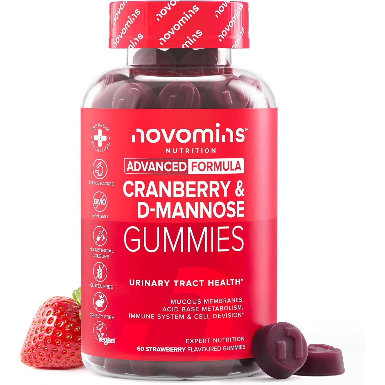 Cranberry & D Mannose Gummies - Urinary Tract Health & Bladder Control - Vegan - Alternative to Cranberry Tablets, Juice, or D Mannose Powder - Inulin, Magnesium - 60 Gummies - Novomins