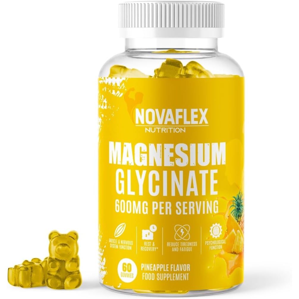 Novaflex Nutrition - Magnesium Glycinate Gummies 600Mg – High Absorption Magnesium with Calcium, Vitamin D & B6 – Pineapple Flavour, 60 Vegan Gummies – Supports Energy & Muscle Function