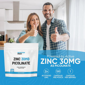 Zinc 30Mg as Picolinate 120 Capsules Made in the UK by Freak Athletics