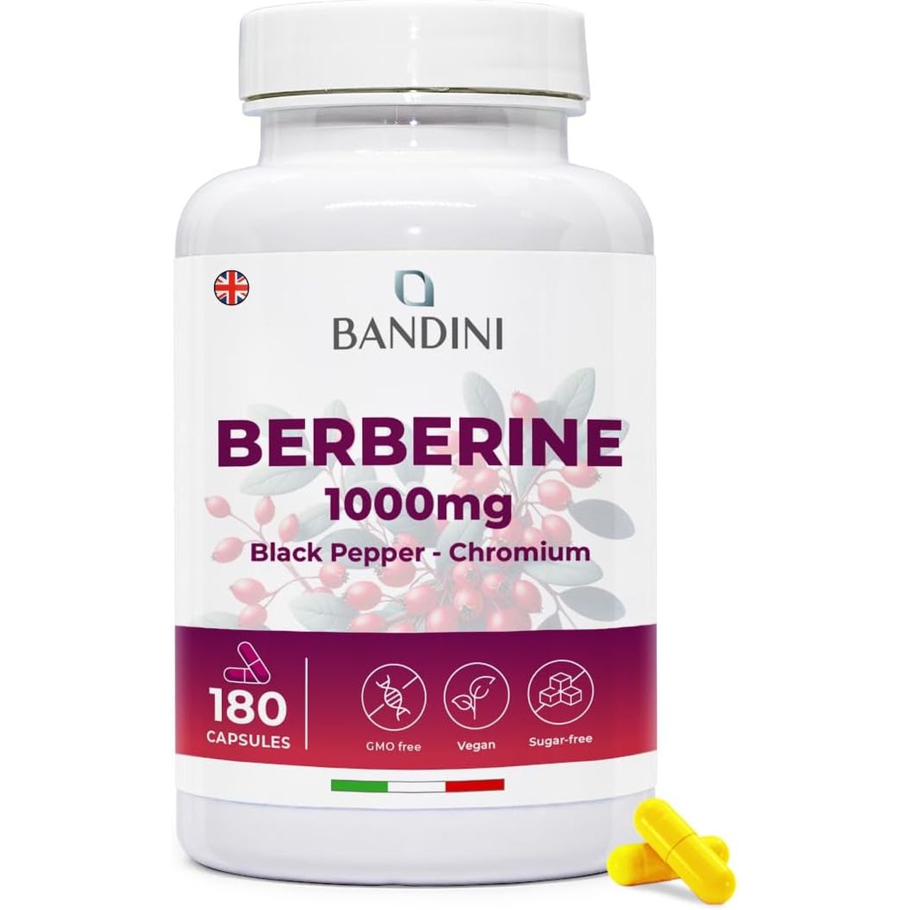 Bandini® Berberine 1000Mg Pure High Dosage | 180 Vegan Capsules - Pure Berberin HCL from Berberis Aristata 97% + Chromium and Black Pepper | Maximum Absorption - Digestive, Liver, Intestinal Function