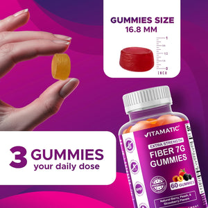 Vitamatic Prebiotic Fiber Gummies for Adults – 7G Fiber per Serving – 60 Pectin-Based Gummies Extra Strength, Zero Sugar Added – Supports Digestive Health & Regularity – Non-Gmo, Vegan, Gluten-Free