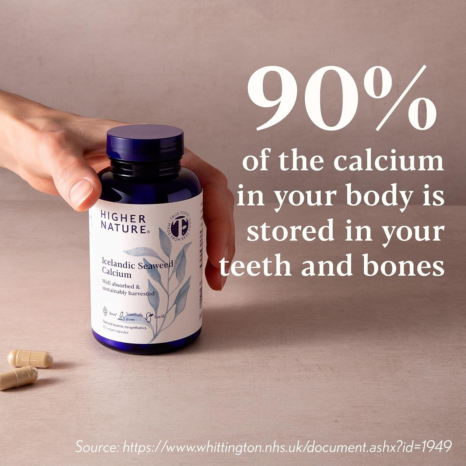 Higher Nature - Icelandic Seaweed Calcium - True Food® Formula - 260Mg Natural Source - Clinically Proven Calcium Supplement - Supports Bones, Teeth & Digestive Enzyme Function - 60 Capsules