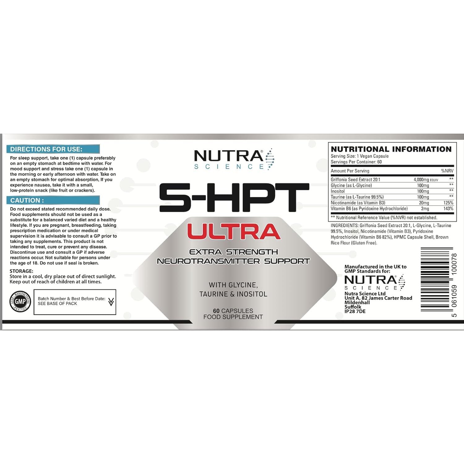 5HPT Ultra 4,000MG - Extra Strength Griffonia Seed Extract Neurotransmitter Support with Nicotinamide, Glycine, Inositol, Vitamin B6, 60 Vegan Capsules