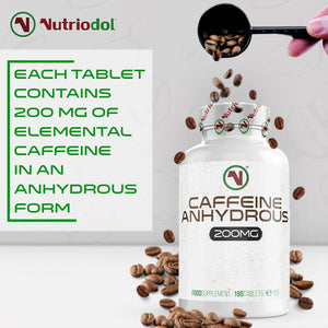 Nutriodol® Caffeine Pills 200Mg 180 Tablets | Energy Boost & Exercise Support Pre Workout | Improve Focus & Alertness | Vegan EU Made | GMP Approved