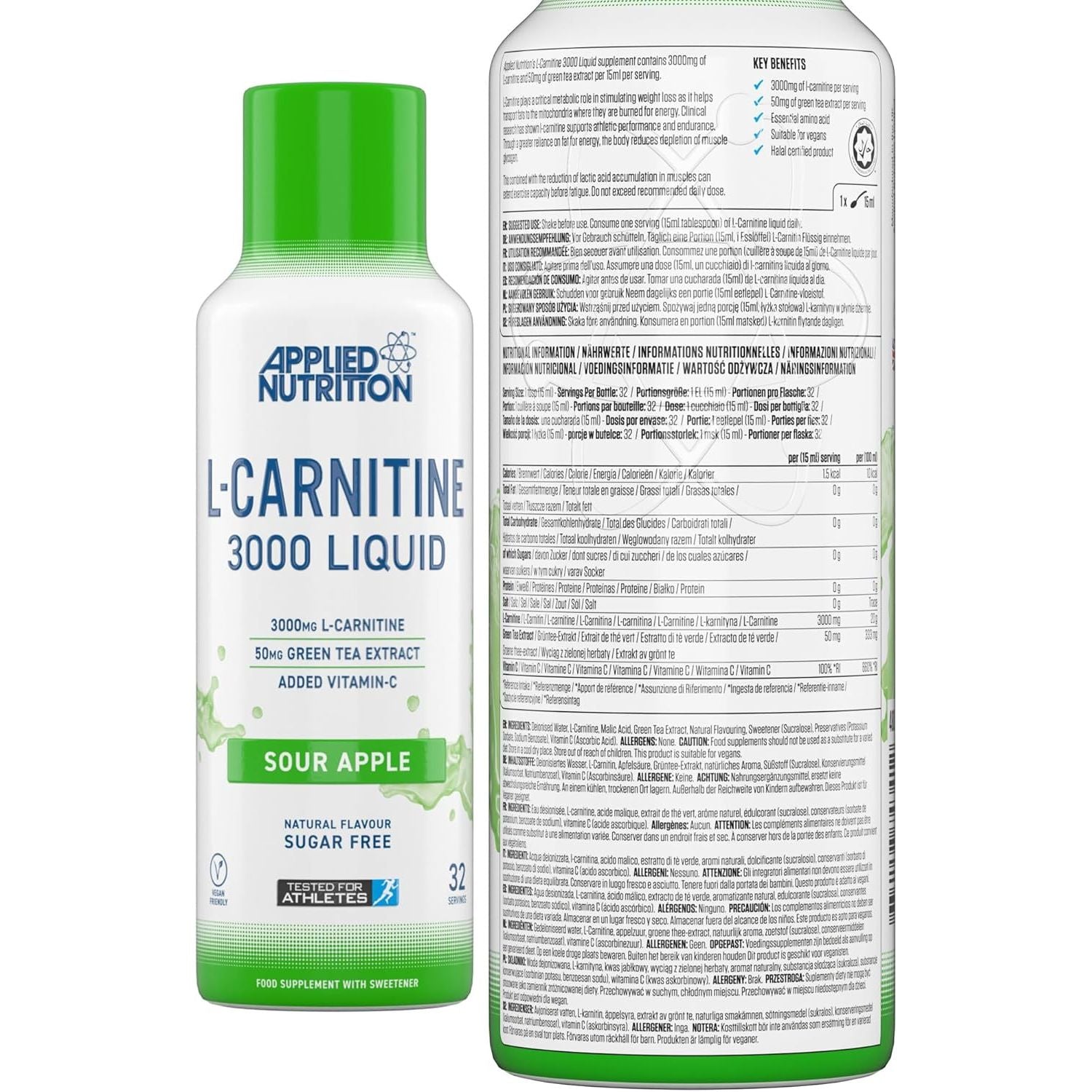 Applied Nutrition L Carnitine 3000 Liquid - L-Carnitine with Green Tea & Vitamin C, Boosts Energy & Weight Management, Vegan (480Ml - 32 Servings) (Sour Apple)