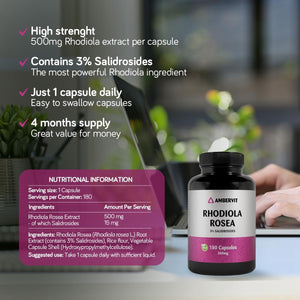 Rhodiola Rosea Capsules 500Mg - 180 Caps. - 3% Salidrosides - Premium Root Extract - High Strength - 6 Months Supply | Ambervit