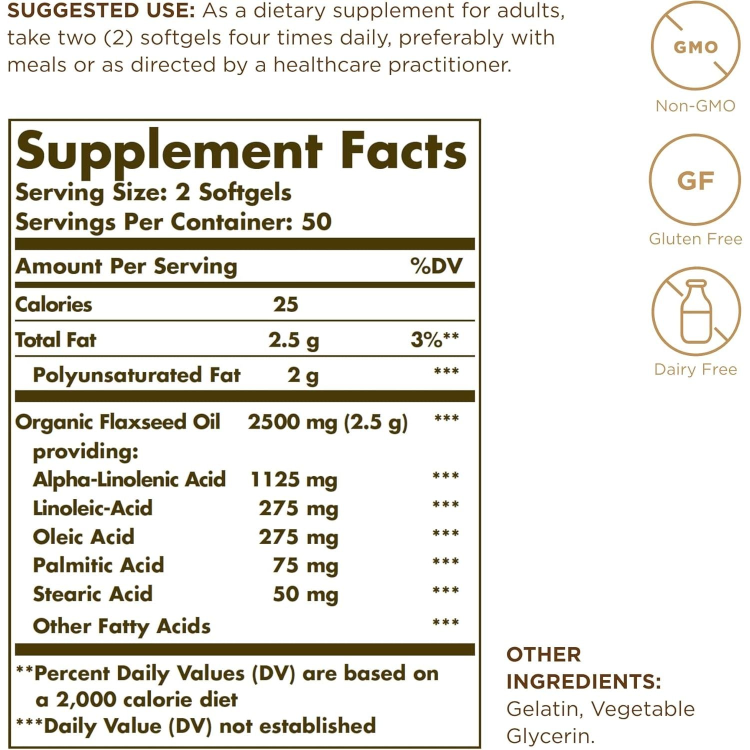 Solgar Flaxseed Oil 1250 Mg Softgels - Food Supplement, Pack of 100 - Alpha-Linolenic Acid - for Immunity, Skin and Heart Health - Maintenance of Healthy Cholesterol