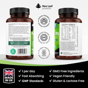Multivitamin & Minerals 26 Essential Active Vegan High Strength Multivitamin Tablets for Women & Men with Iron A-Z Complete Daily Vegan Vitamins Gluten Free GMO Free (3 Month Supply) UK Made New Leaf