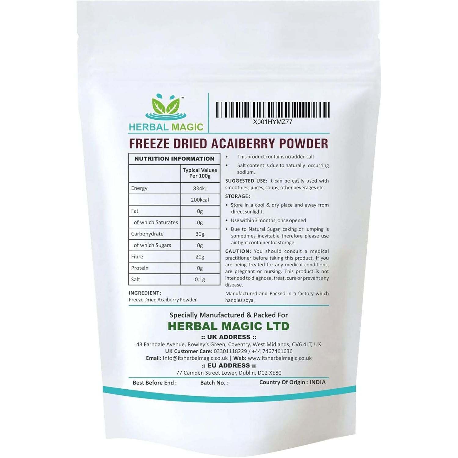 Herbal Magic'S Freeze Dried Acai Berry Powder - Wild-Harvested - Delicious Smoothies, Puddings and Dessert- Free from Fillers & Preservatives-100G (Pack of 1)