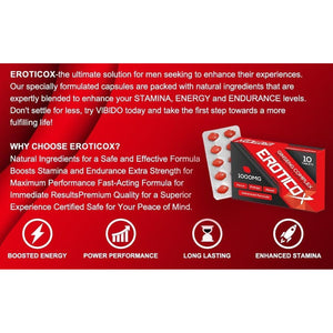 EROTICOX RED 1000Mg | Stronger | Longer | Harder | Performance | Extra Strength Enhancing Pills, Stamina Endurance Booster Supplement Pills for Men | 10 Ginseng Tablets