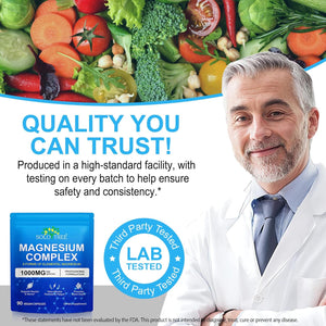 8 In1 Magnesium Complex Supplement 8 Elemental 1000Mg, Magnesium Glycinate, Citrate, Malate, Taurate, Chelated for Easy Absorption for Bones, Muscle, Recovery, Energy, Vegan Non-Gmo 90 Capsules