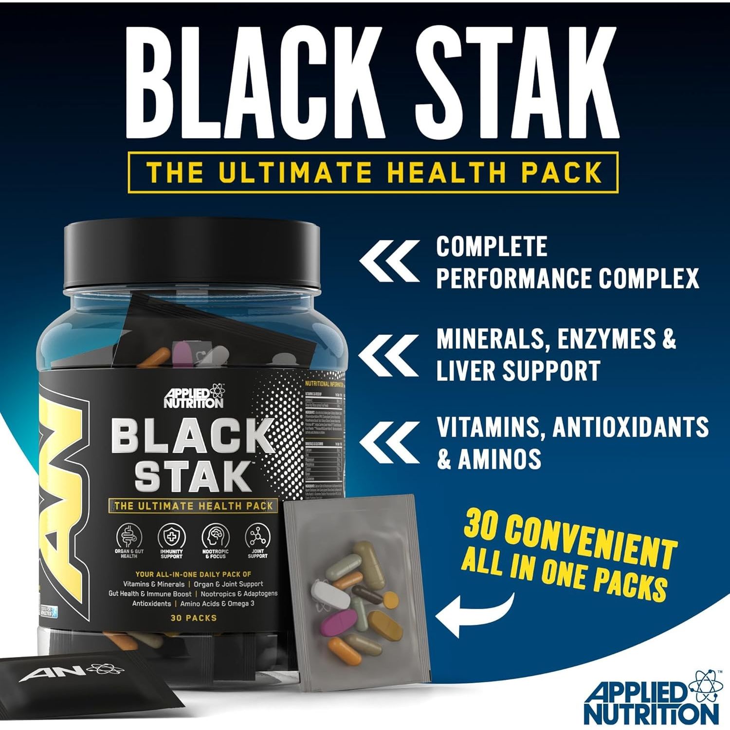 Applied Nutrition Black Stak - Complete Performance Complex - 30 All-In-One Sachets for Health and Immune Support with Multivitamins Antioxidants Aminos Minerals Enzymes and More