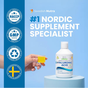 Swedish Nutra - Hyaluronic Acid Liquid Supplement - Pack of 500 Ml, 33 Day Supply | plus Vitamin C & Silica for Skin & Joint Hydration | Vegan & Free from Sugar & Gluten | 100% Natural Lemon Flavour