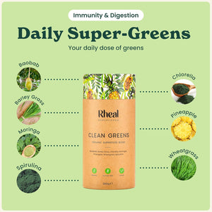 Rheal Clean Greens 150G | 30 Servings | Daily Source of Nutritious Greens | Supports Energy, Immunity & Digestion | 100% Organic & Gluten Free | Plant Based | Certified B Corp