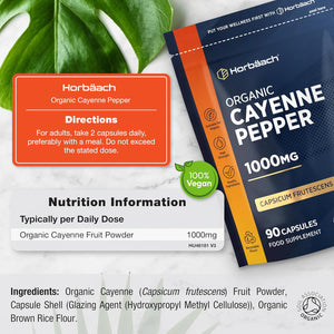 Organic Cayenne Pepper 1000Mg | 90 Capsules | Capsicum Frutescens Powder | Suitable for Vegans & Vegetarians | by Horbaach