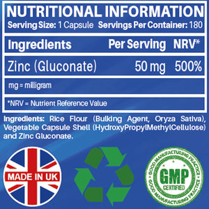 Nutrabytes High Strength Zinc Gluconate Supplement, 180 Vegan Capsules | 50Mg Pure Elemental Chelated Mineral for Immune System, Skin, Hair, Nails, Hormone & Fertility Support | 6 Month Supply