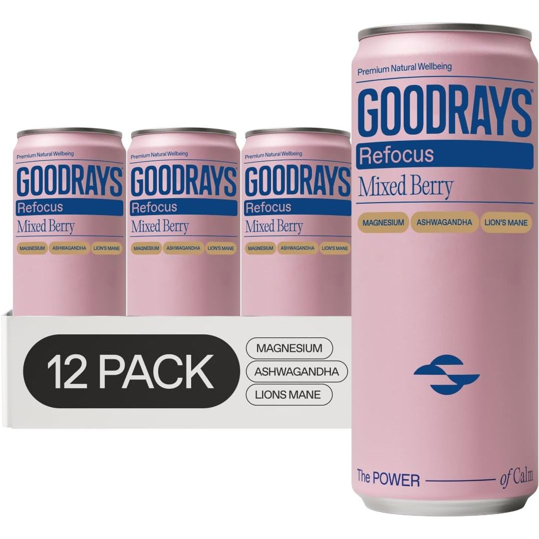 Goodrays Refocus, Sparkling Functional Drink with Magnesium Citrate, Lion'S Mane Mushroom, Ashwagandha and Vitamin D, Low Calorie, Mixed Berry, 12 X 250Ml, Packaging May Vary