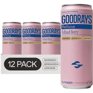 Goodrays Refocus, Sparkling Functional Drink with Magnesium Citrate, Lion'S Mane Mushroom, Ashwagandha and Vitamin D, Low Calorie, Mixed Berry, 12 X 250Ml, Packaging May Vary