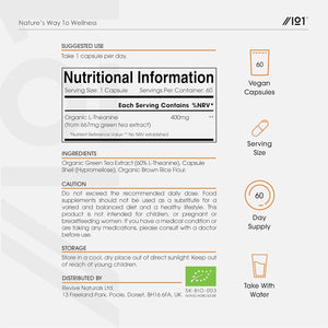 Organic L-Theanine 400Mg from Green Tea Extract - 60 Vegan Capsules (2 Months Supply) - High Strength Theanine Amino Acid Supplement - by Alpha01