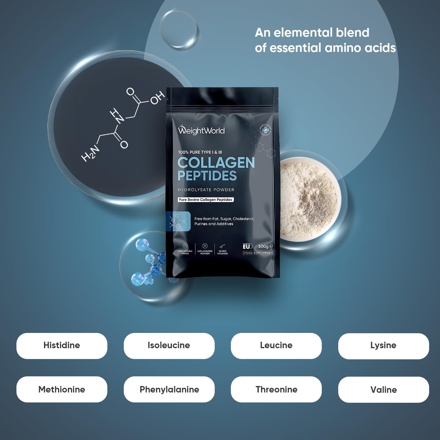 Pure Hydrolysate Bovine Collagen Peptides Powder | 500G | Type I & III Collagen Supplements for Women & Men | Rich in 8 Essential Amino Acids | 50 Servings | Halal Certified | Scoop Included