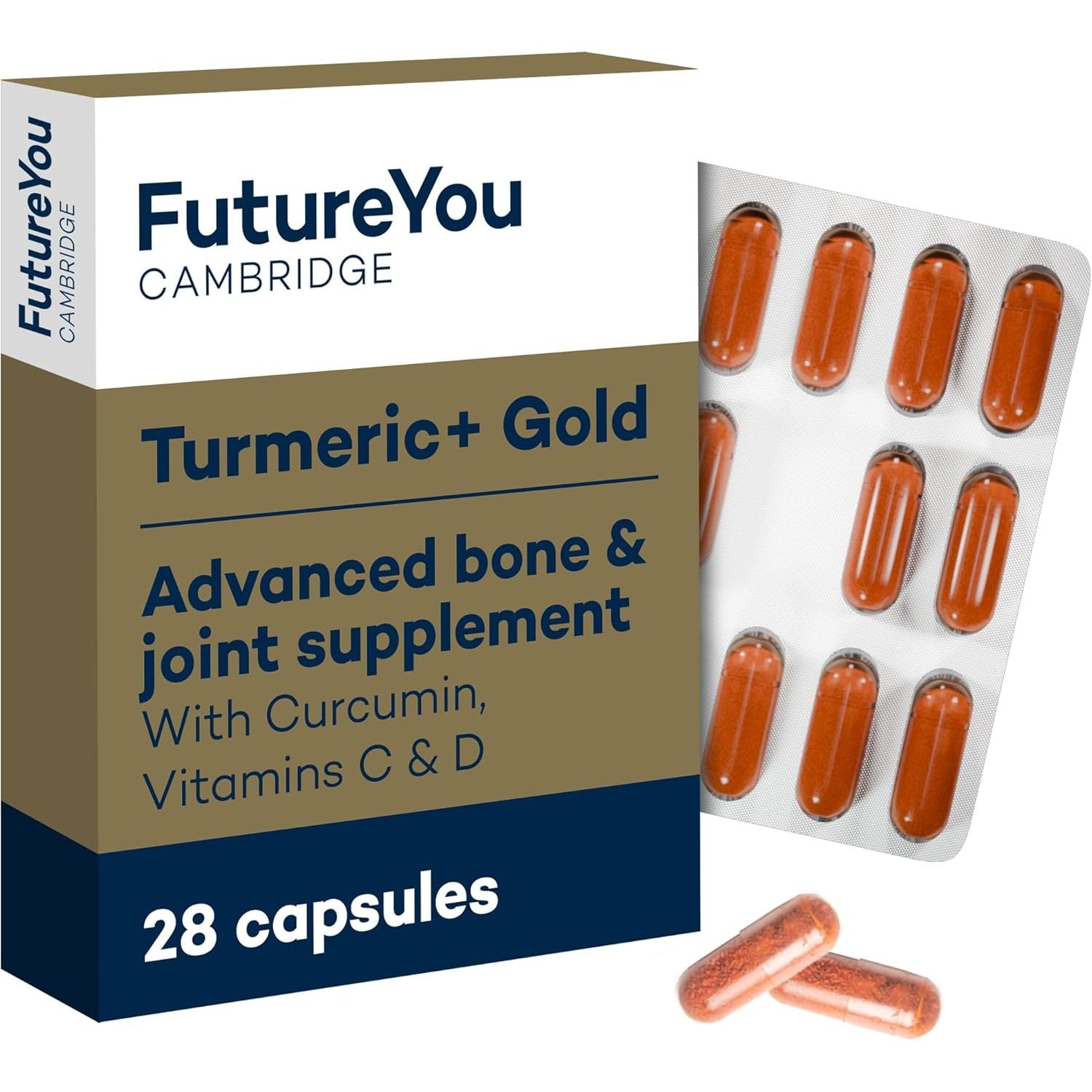 Turmeric+ Gold Supplement – 28 Turmeric Capsules High Strength – Curcumin Capsule Patented Meriva Formulation with Vitamins C & D – Tablets for Bones, Joints & Muscles by Futureyou Cambridge.