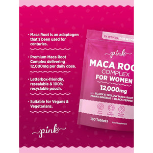 Maca Root Capsules for Women 12,000Mg | Peruvian Maca Supplement | High Strength Black & Yellow Maca Root with Panax Ginseng and Black Pepper | Botanical Supplement to Support Women'S Health | by PINK