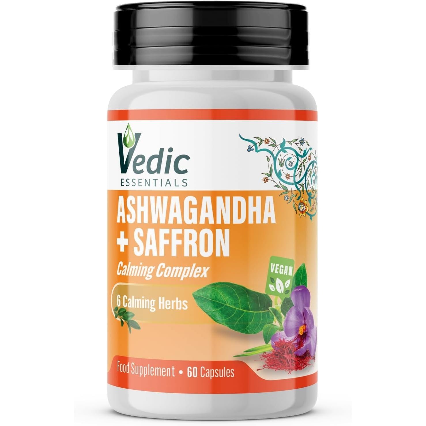 Vedic Ashwagandha-Saffron Calming Complex | 6 Calming Herbs Blend- Ashwagandha Boosted with Saffron, Chamomile, Hops, Inositol & Schisandra Berry | High Strength 2290Mg | Premium, Vegan, 60 Capsules