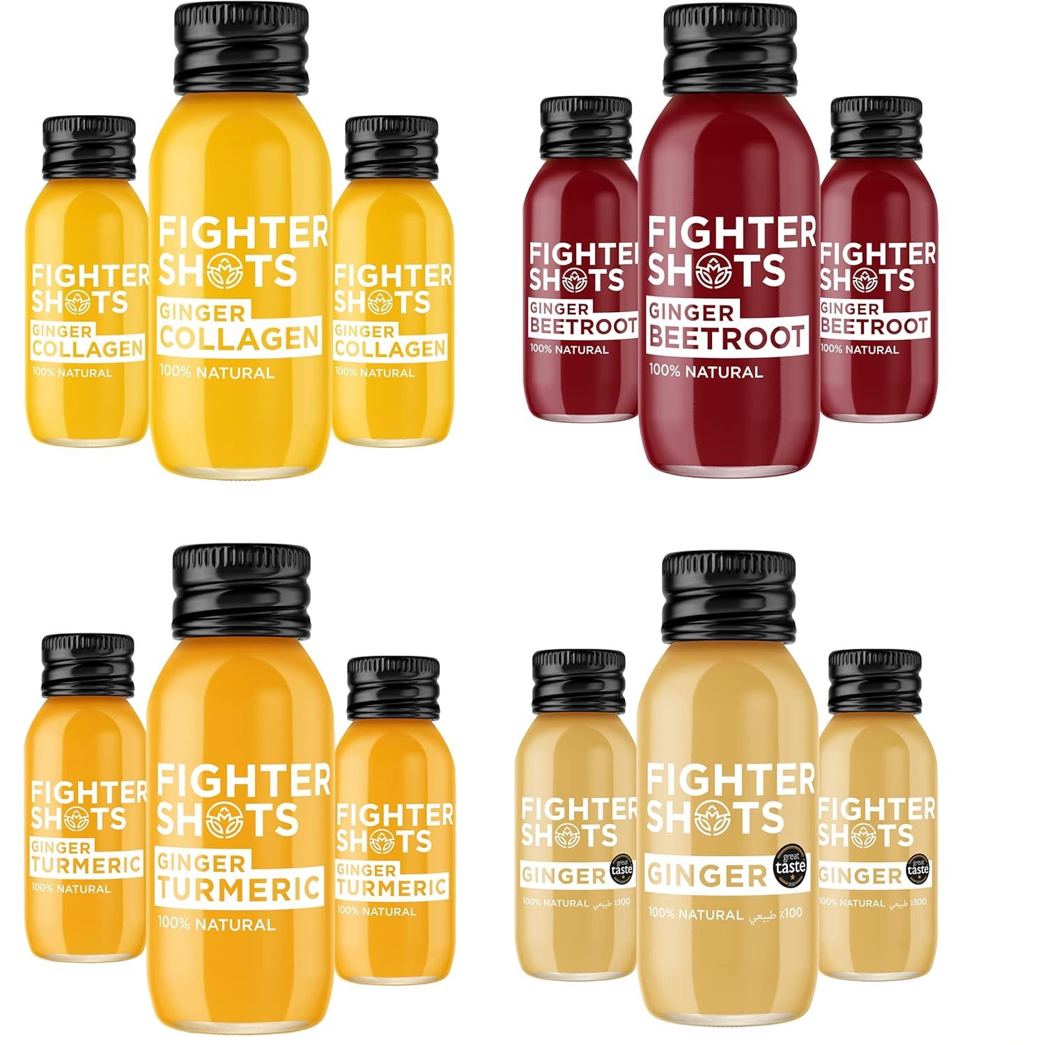 Fighter Shots Mixed Pack (12X60Ml)| Ginger, Ginger Turmeric, Ginger Collagen & Ginger Beetroot | 100% Natural | Perfect Morning/Post Workout Pick Me up | No Preservatives