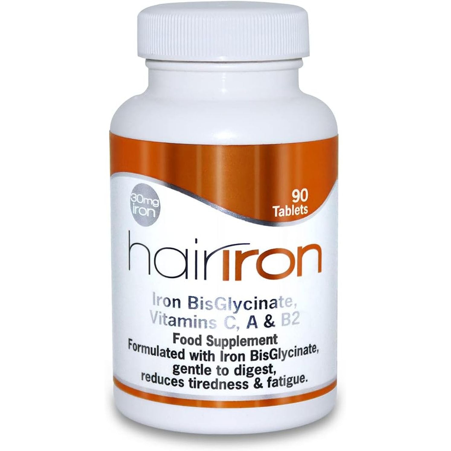 HAIRIRON - High Strength Iron Supplements - Gentle Iron Bisglycinate 30Mg with Vitamins C, a & B2 Tablets, Vegan Supplements for Men & Women'S Health - 90 Tablets.