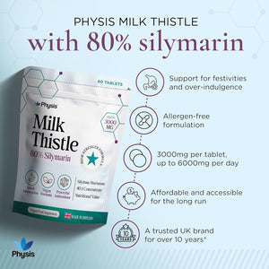 Physis Milk Thistle High Strength | 80% Silymarin | Liver Support Supplements | Milk Thistle Seeds | Vegan Food Supplement | 60 X Tablets | Made in Britain