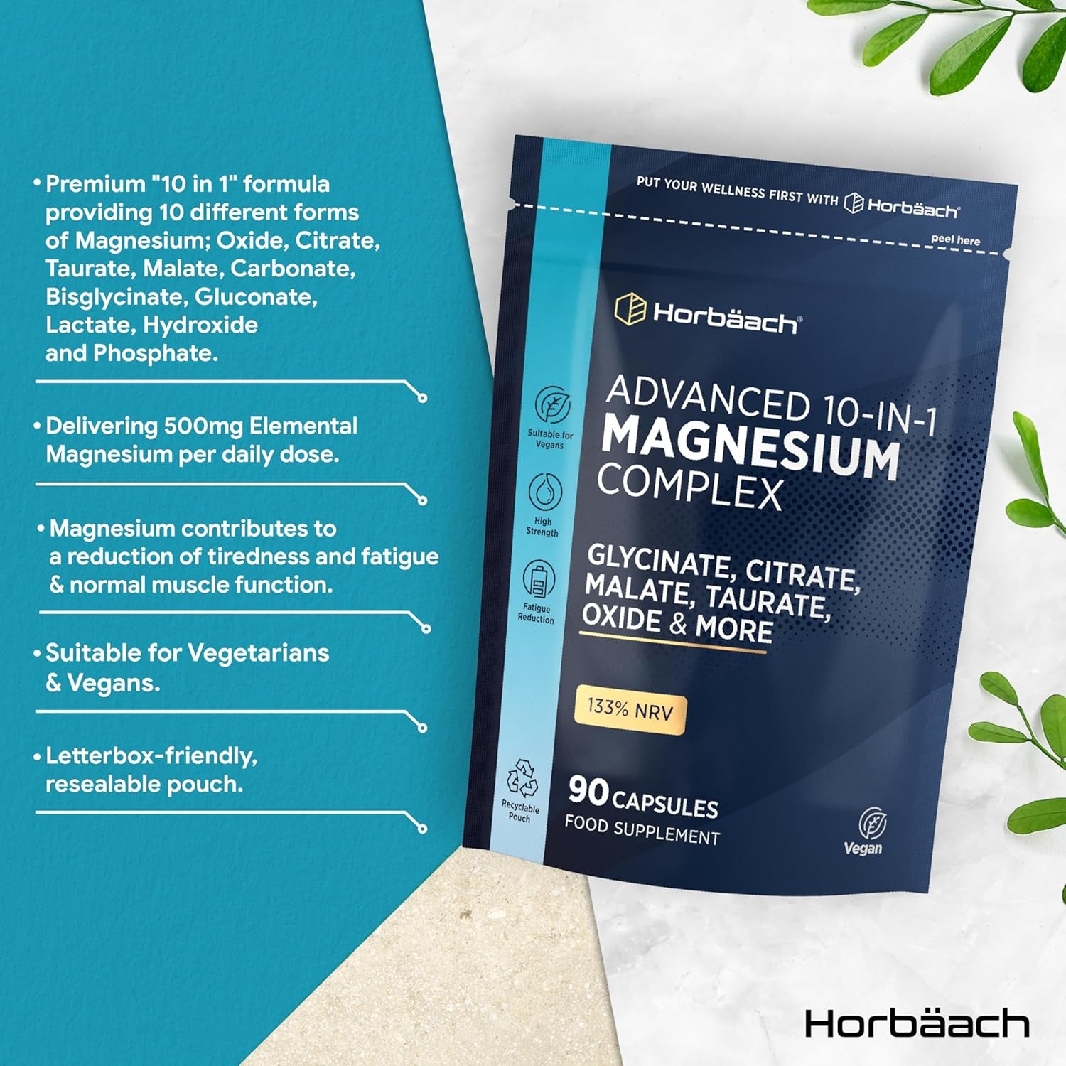 Magnesium Glycinate Complex | 500Mg Elemental Magnesium | 10-In-1 Complex | Glycinate, Citrate, Malate, Oxide, Taurate & More | 90 Vegan Capsules | by Horbaach
