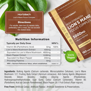 Lions Mane Supplement 5000Mg | Focus Complex with Vitamin B5 & Black Pepper | Lion'S Mane Mushroom Mental Performance Supplement | 180 Vegan Tablets | by Horbaach